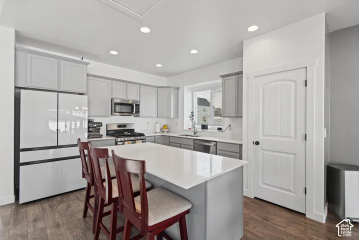 Kitchen featuring light gray cabinetry, white countertops, stainless steel appliances, and wood-finish flooring