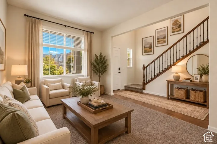 AI Staged Living area featuring large windows, staircase, and wood-finish flooring