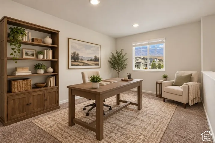 AI Staged Carpeted Loft/Office with recessed lighting, and mountain views.
