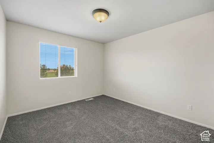 Bright, neutral bedroom featuring carpet flooring, large dual-pane window with natural light, and ceiling-mounted light fixture