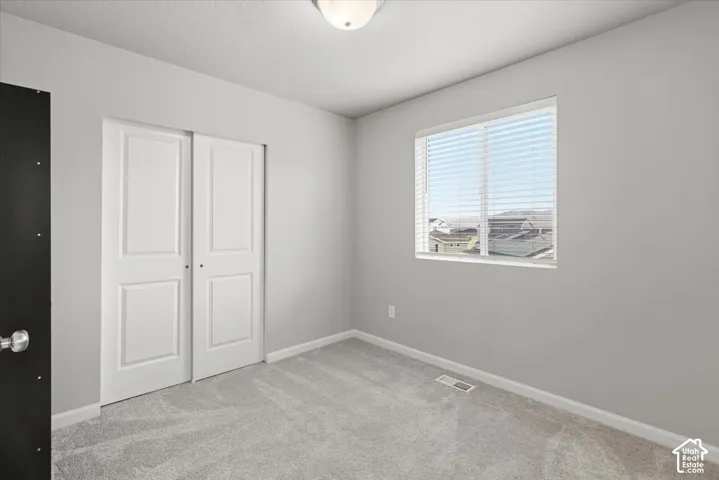 Neutral wall paint, carpet flooring, window with horizontal blinds, bi-fold closet doors, and flush mount ceiling light