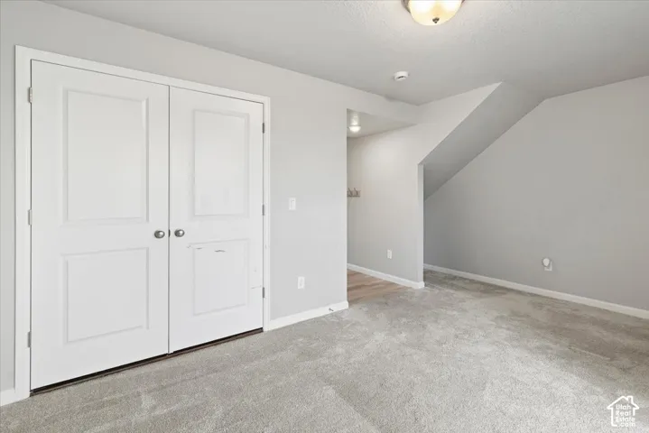 White bi-fold doors, wall-mounted light fixture, carpeting, and light gray wall paint