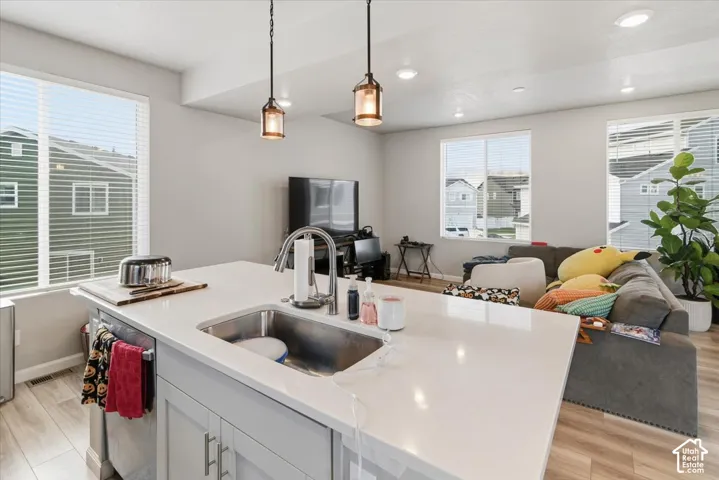 Kitchen island with an undermount sink, a gooseneck faucet, and light-toned cabinetry with metal hardware