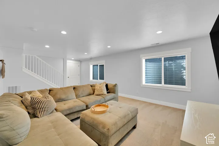Neutral gray walls with recessed lighting