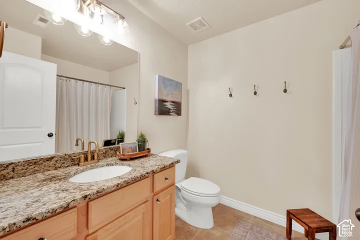 Bathroom featuring a single vanity with stone-finish countertop, undermount sink, and brass-finish faucet