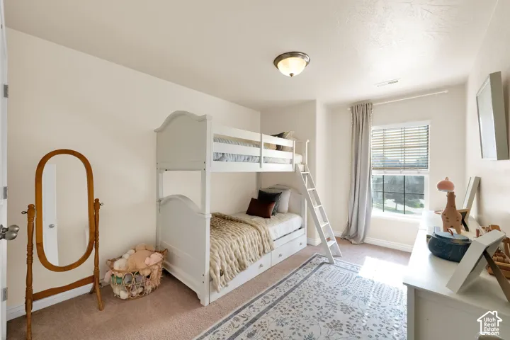 Carpeted flooring, window with blinds, and ceiling-mounted light fixture