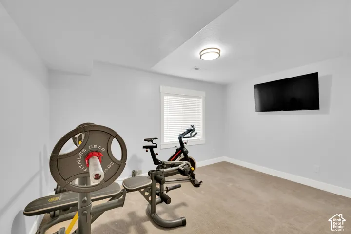 Carpeted room with a ceiling-mounted light fixture and a wall-mounted screen