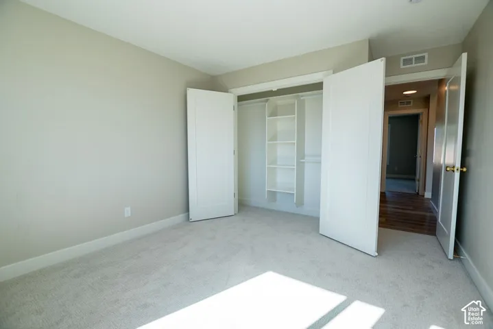 Light-toned carpeting, neutral wall color, and a built-in closet system with shelving