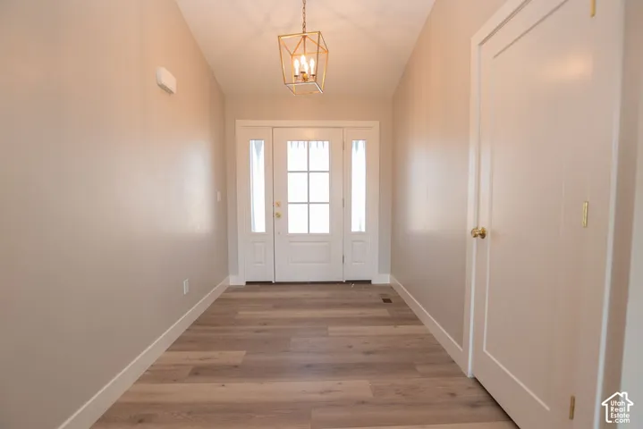 Entryway featuring wood-finish flooring, a contemporary ceiling light fixture, a paneled door, and a white front door with sidelights