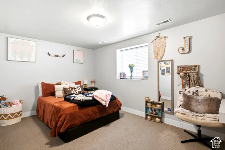 Neutral gray walls with carpet flooring, featuring a window with horizontal blinds and a flush-mount ceiling light