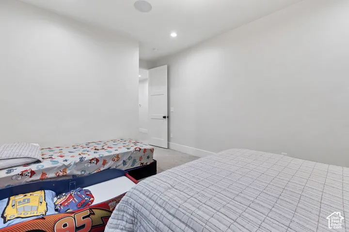 Recessed lighting, light-toned carpeting, and a flat-panel interior door with matte black hardware