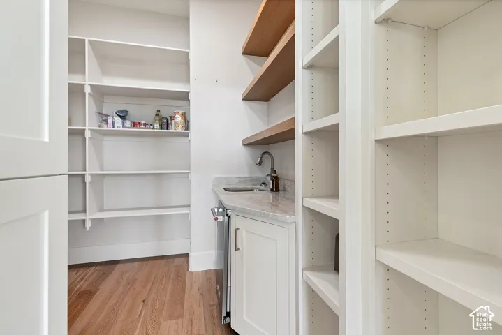Well-appointed pantry featuring extensive built-in shelving, wood-finish flooring, a wet bar with a built-in sink, and stone countertops