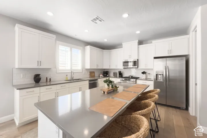 Kitchen featuring white shaker cabinetry, stainless steel appliances, a subway tile backsplash, recessed lighting, and wood-finish flooring