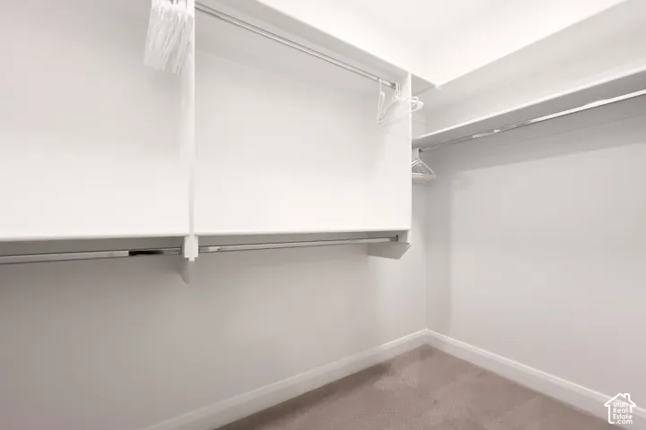 Walk-in closet with white shelving, multiple hanging rods, and neutral-toned carpeting