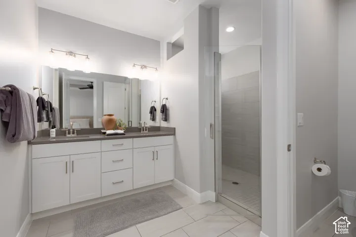 Dual vanity with undermount sinks, white cabinetry, and a dark stone-finish countertop