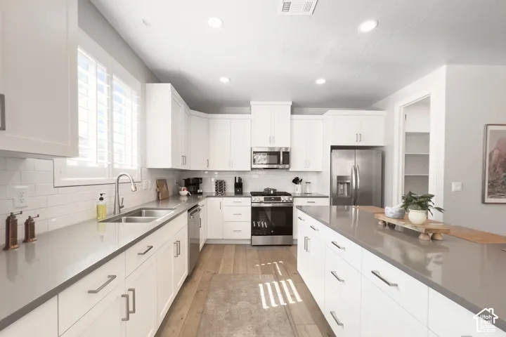 Contemporary kitchen featuring white cabinetry, stainless steel appliances, a center island, light wood-finish flooring, and recessed lighting