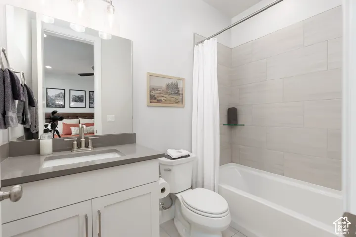 Vanity with integrated sink and gray countertop