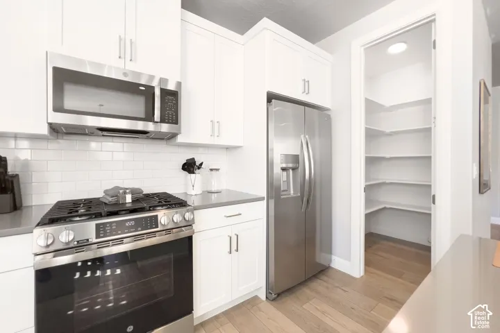 Stainless steel appliance package, white shaker cabinetry, subway tile backsplash, and a large walk-in pantry