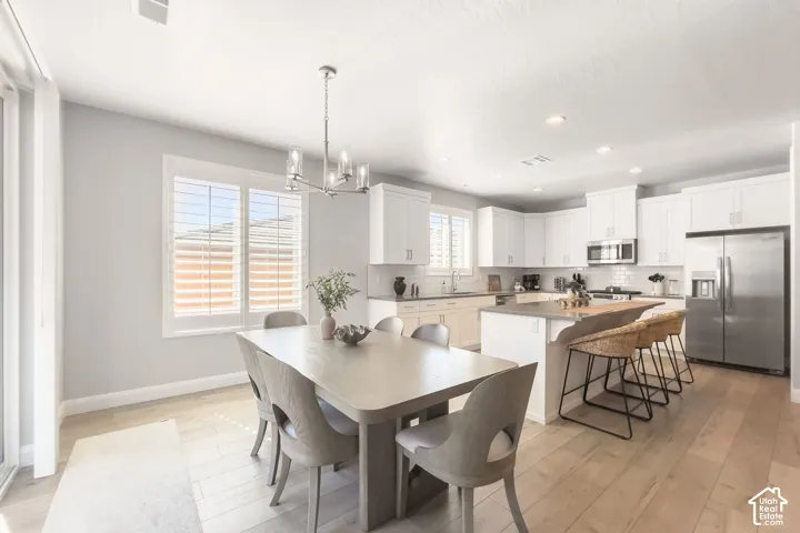 Open-concept kitchen and dining area featuring a kitchen island with seating, stainless steel appliances, white cabinetry, and wood-finish flooring