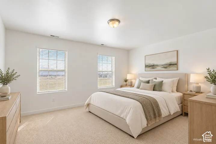 Carpeted flooring, two windows with blinds, flush mount ceiling light, and light-toned walls