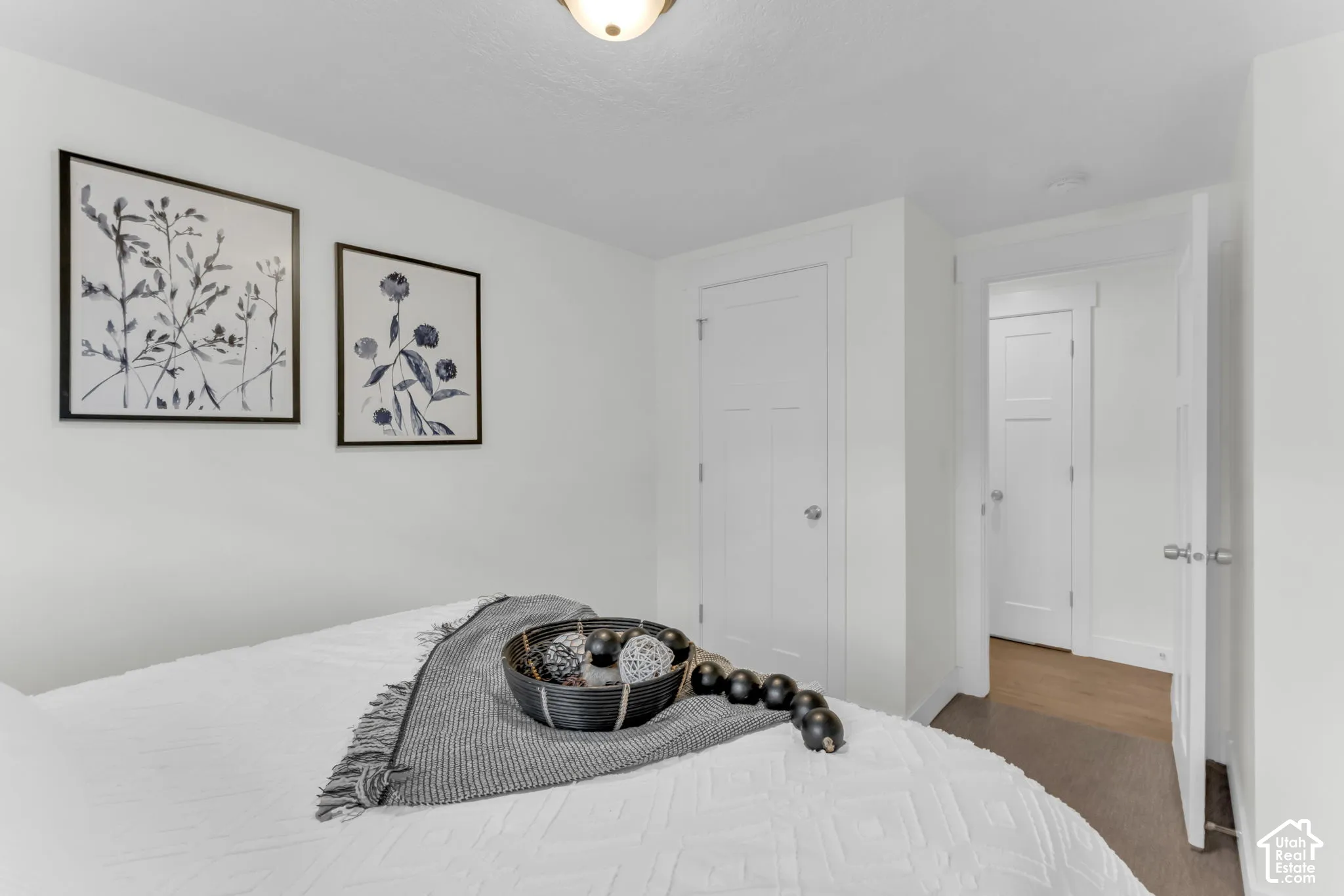 White walls with a ceiling-mounted light fixture, white interior doors, and wood-finish flooring