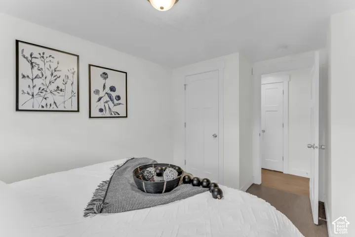 White walls with a ceiling-mounted light fixture, white interior doors, and wood-finish flooring