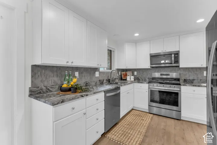 White shaker cabinetry with stainless steel hardware, undermount sink with a gooseneck faucet, stainless steel dishwasher, and a built-in stainless steel microwave
