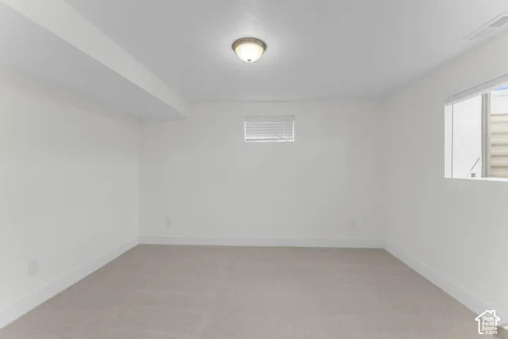 Neutral carpet flooring, white painted walls, two windows with blinds, and a flush mount ceiling light fixture