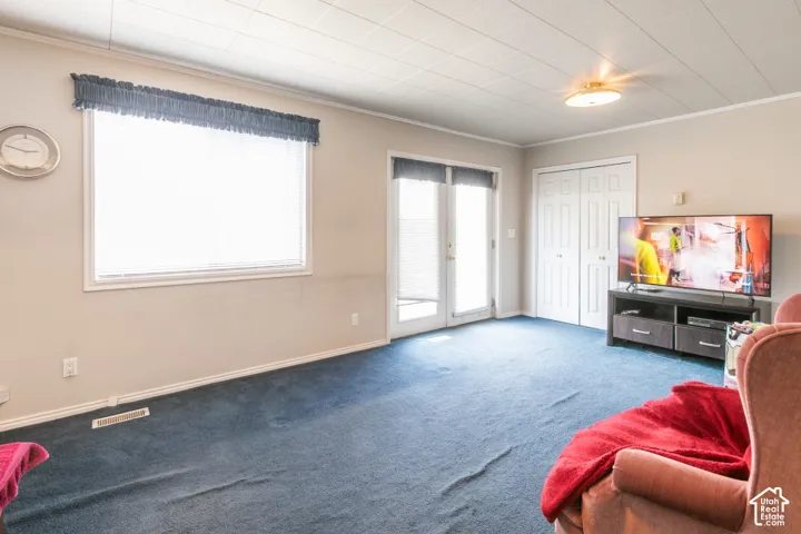 Wall-to-wall carpeting with light beige walls, double bi-fold closet doors, and a ceiling-mounted light fixture