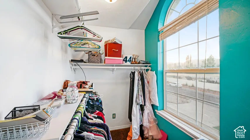 Arched window with gridded panes, built-in shelving, and clothes hanging rods