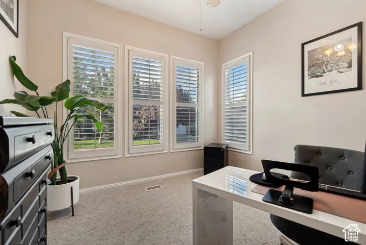 Light-toned walls, multiple large windows with plantation shutters, and textured carpeting