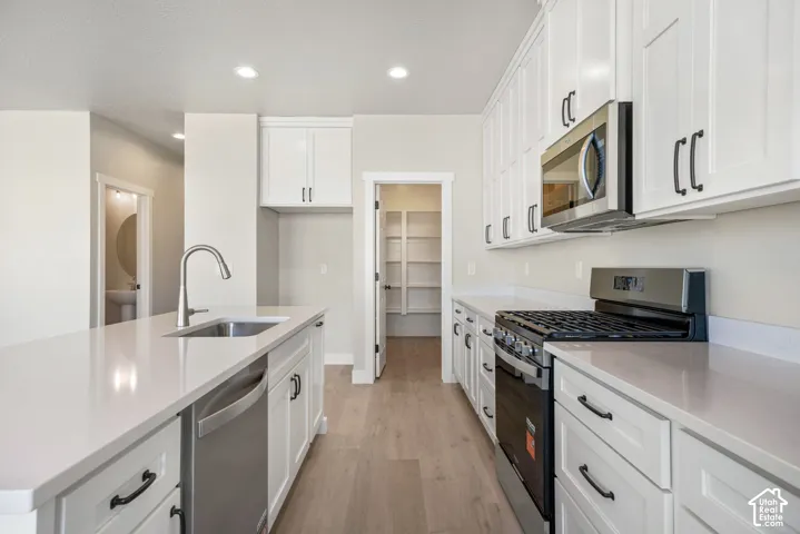 White shaker cabinetry with black hardware, stainless steel appliances, light-toned wood-finish flooring, light-toned countertops, and a built-in pantry