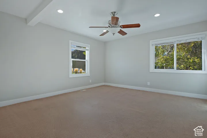 Recessed lighting, ceiling fan, and dual windows with white trim