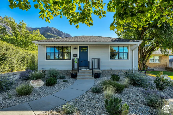 Light gray siding exterior with black-framed windows and a dark blue front door