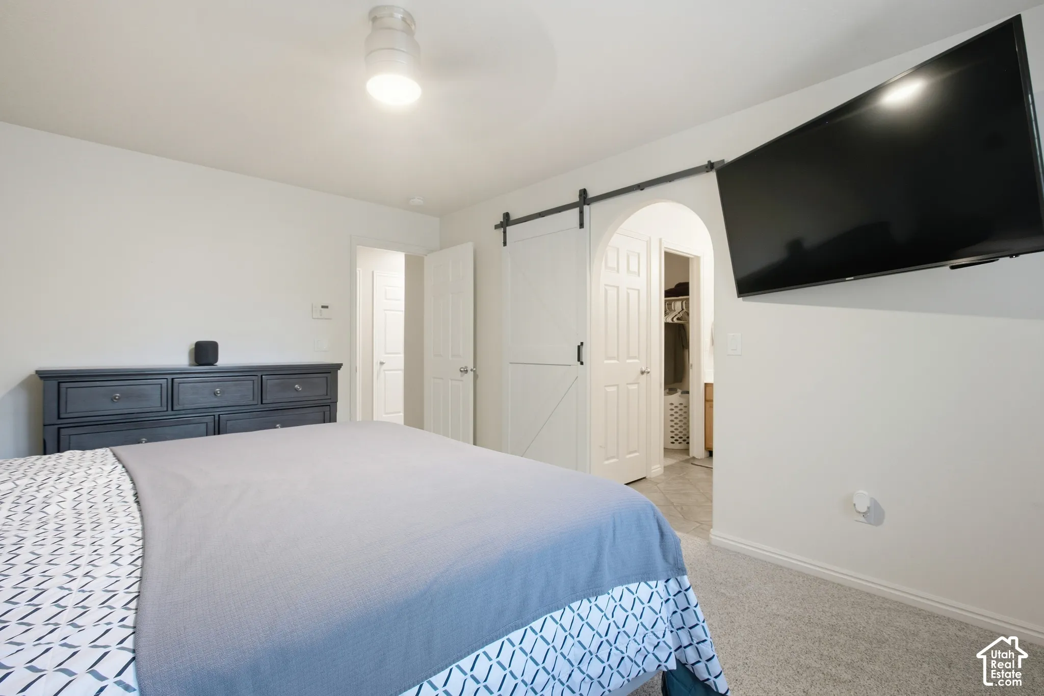White barn door with black hardware, arched doorway, and light gray carpet