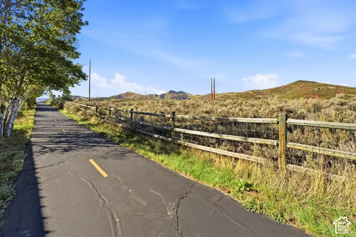 Paved pathway bordered by mature trees and a wire-mesh fence, with distant rolling hills under a clear sky