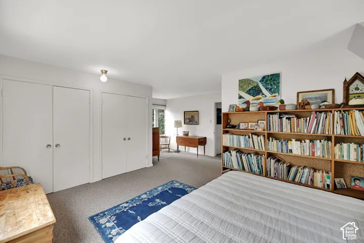 Built-in shelving, white walls, and neutral carpet flooring