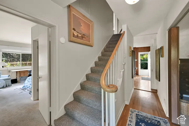 Carpeted staircase with a wood handrail, hardwood flooring, and a doorway opening to a room with large windows
