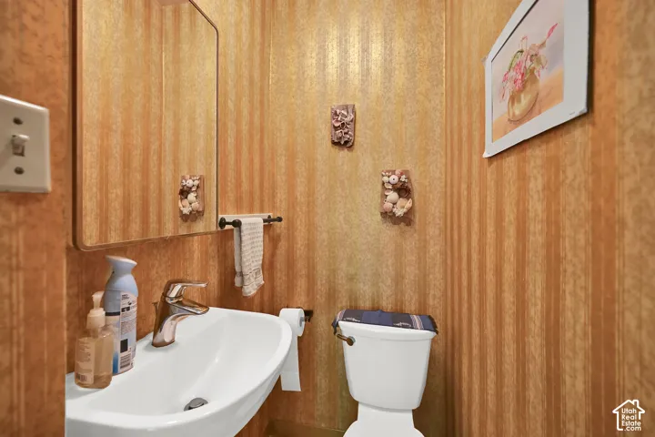 Pedestal sink with a chrome faucet, wall-mounted mirror, and a white toilet