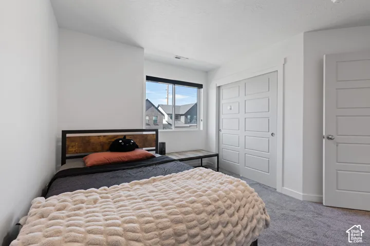Recessed window with black trim, gray textured carpet, and white paneled sliding closet doors