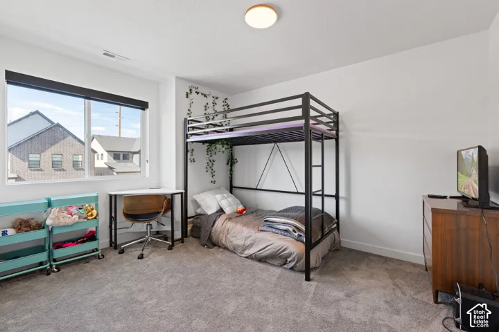 Carpeted room featuring a large window, a built-in light fixture, and a neutral color palette