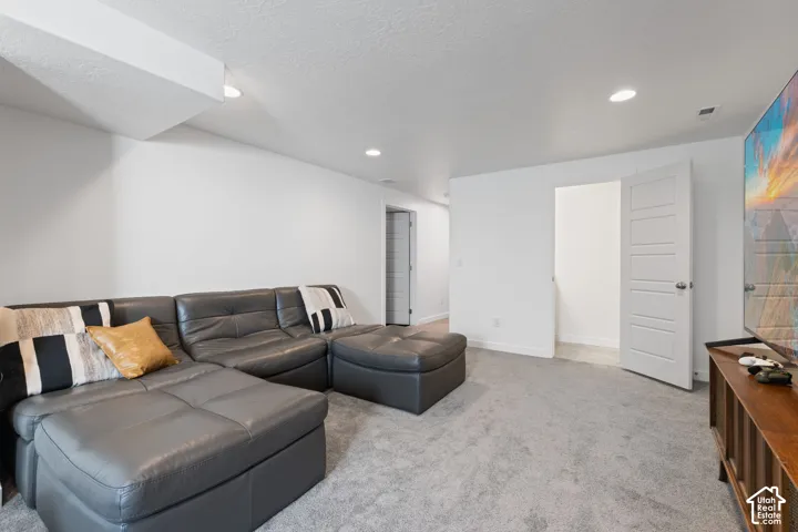 Recessed lighting illuminates the space, featuring white walls, gray carpeting, and a modern five-panel door