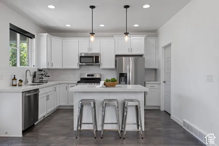 Modern kitchen featuring white cabinetry, stainless steel appliances, a center island, recessed lighting, and wood-finish flooring