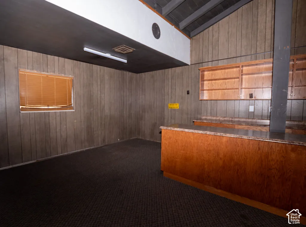 Wood-paneled walls, built-in wooden cabinetry, and a full-length countertop