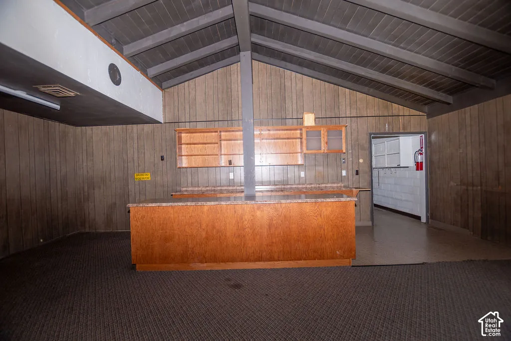 Vaulted ceiling, paneled walls, built-in wooden bar, countertop, wood-finish cabinetry