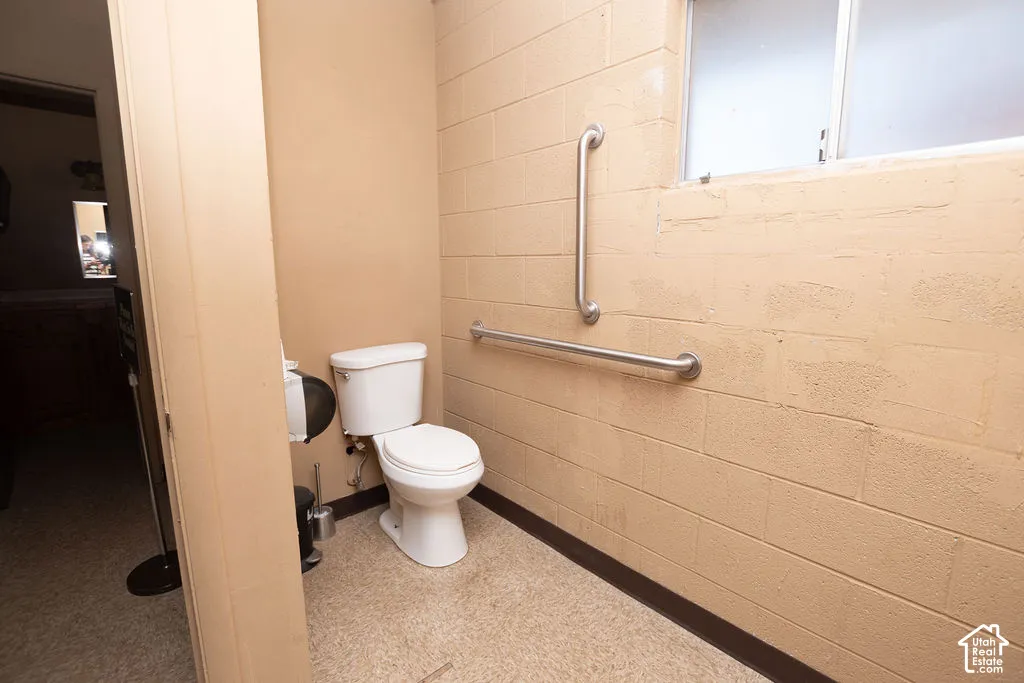 White toilet fixture, textured block wall, and grab bars