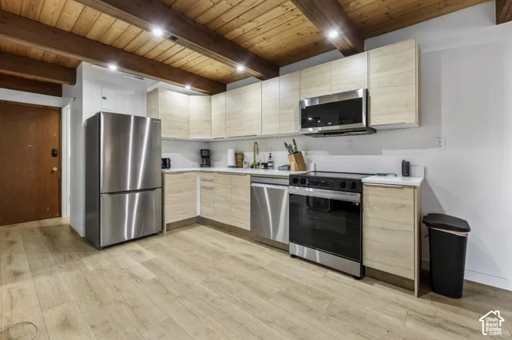 Kitchen featuring wood-finish flooring, stainless steel appliances, light wood-finish cabinetry, and white countertops