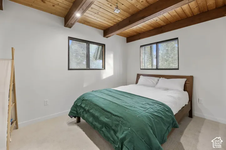 Vaulted wood-paneled ceiling with exposed beams, two dark-framed windows, and light-toned carpeting