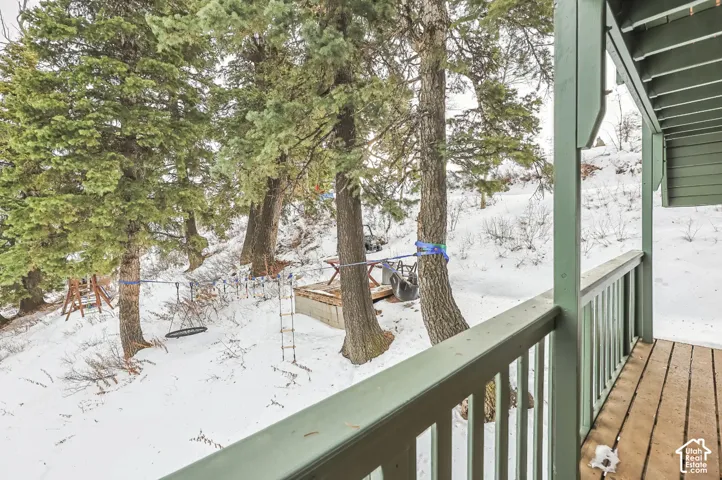 Exterior deck with a wood-plank floor and painted wood railing