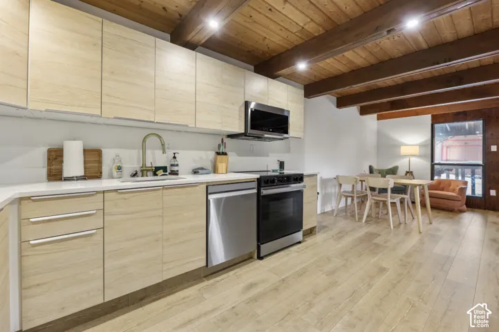 Kitchen featuring light wood-finish cabinetry, stainless steel appliances, and a light-toned countertop